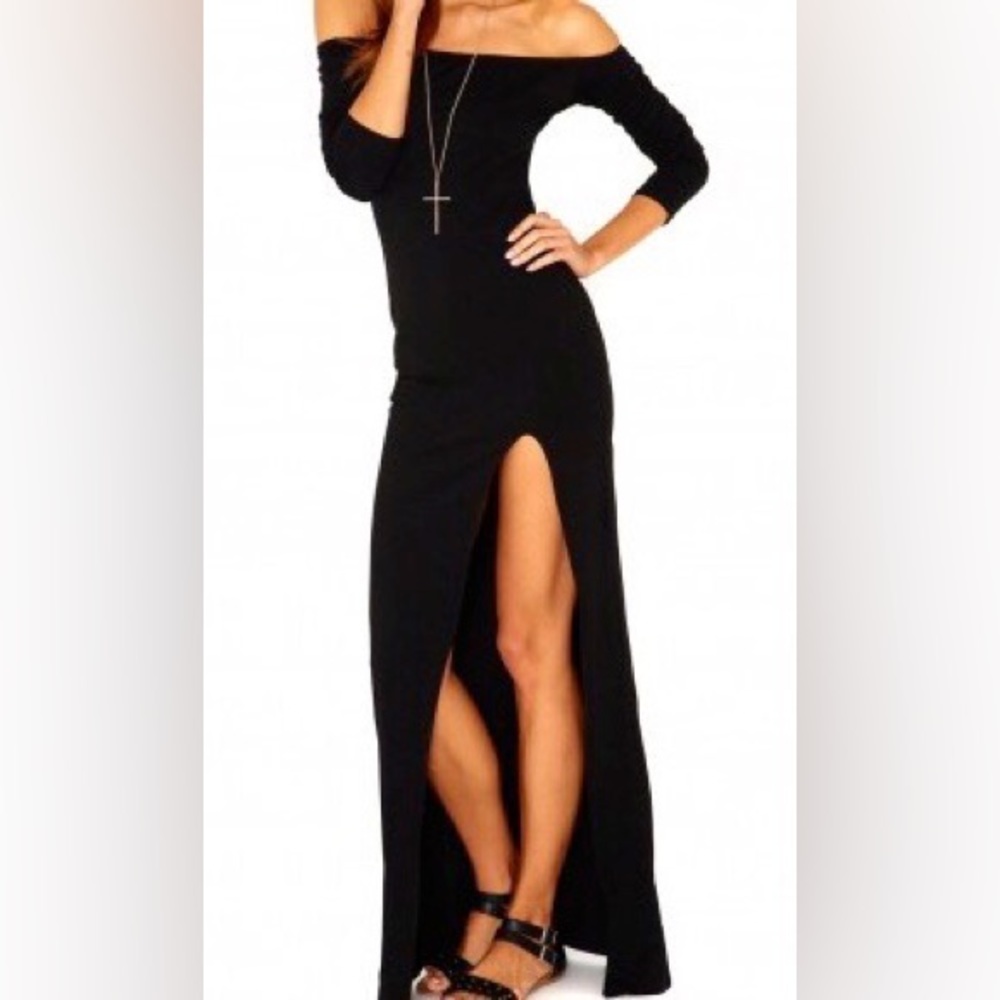 Off the shoulders long sleeves full length side slit maxi Dress Black or Red